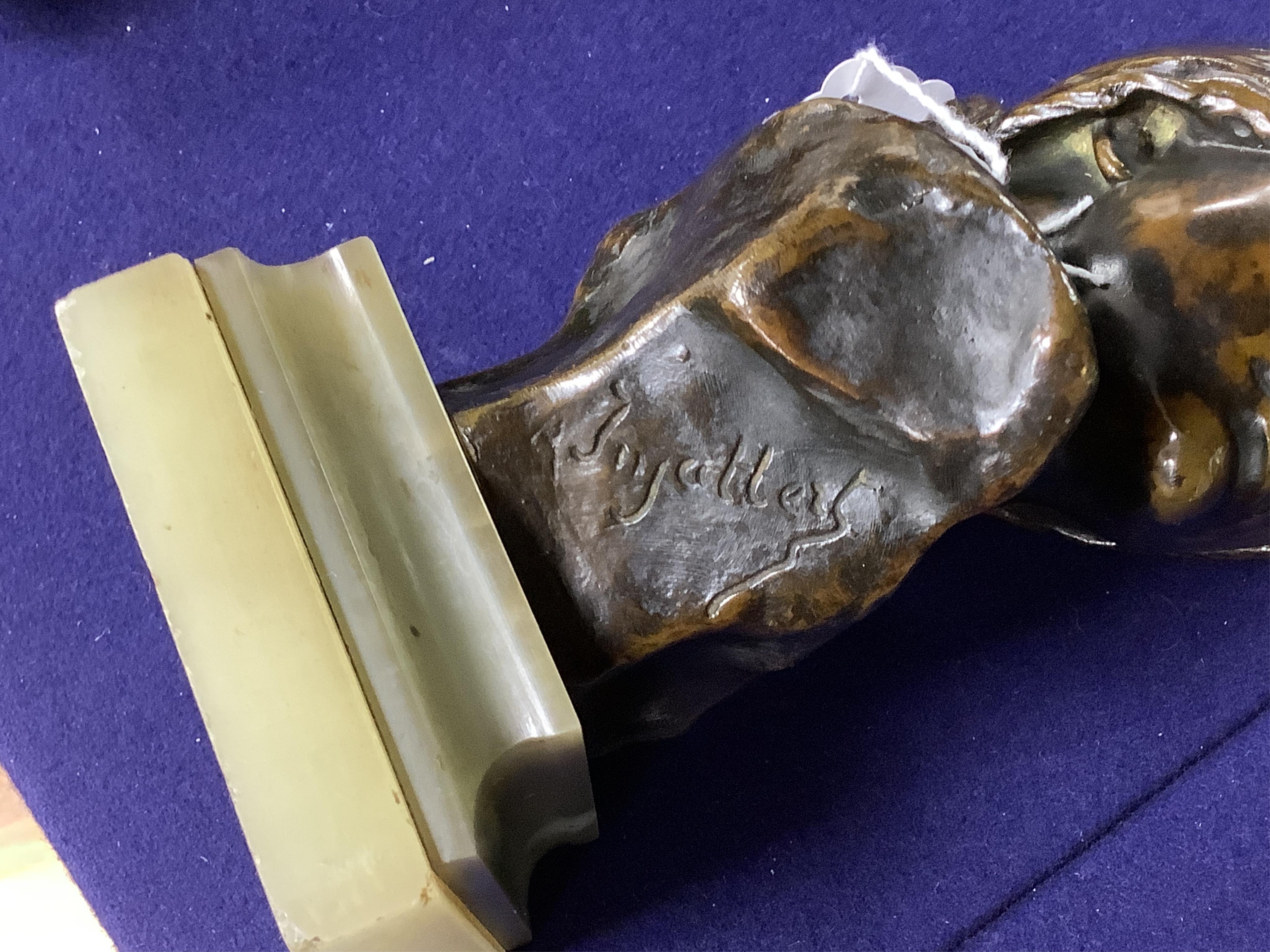 Jean-Antoine Injalbert (1845-1933) - patinated bronze portrait bust, on green onyx base, 20cm